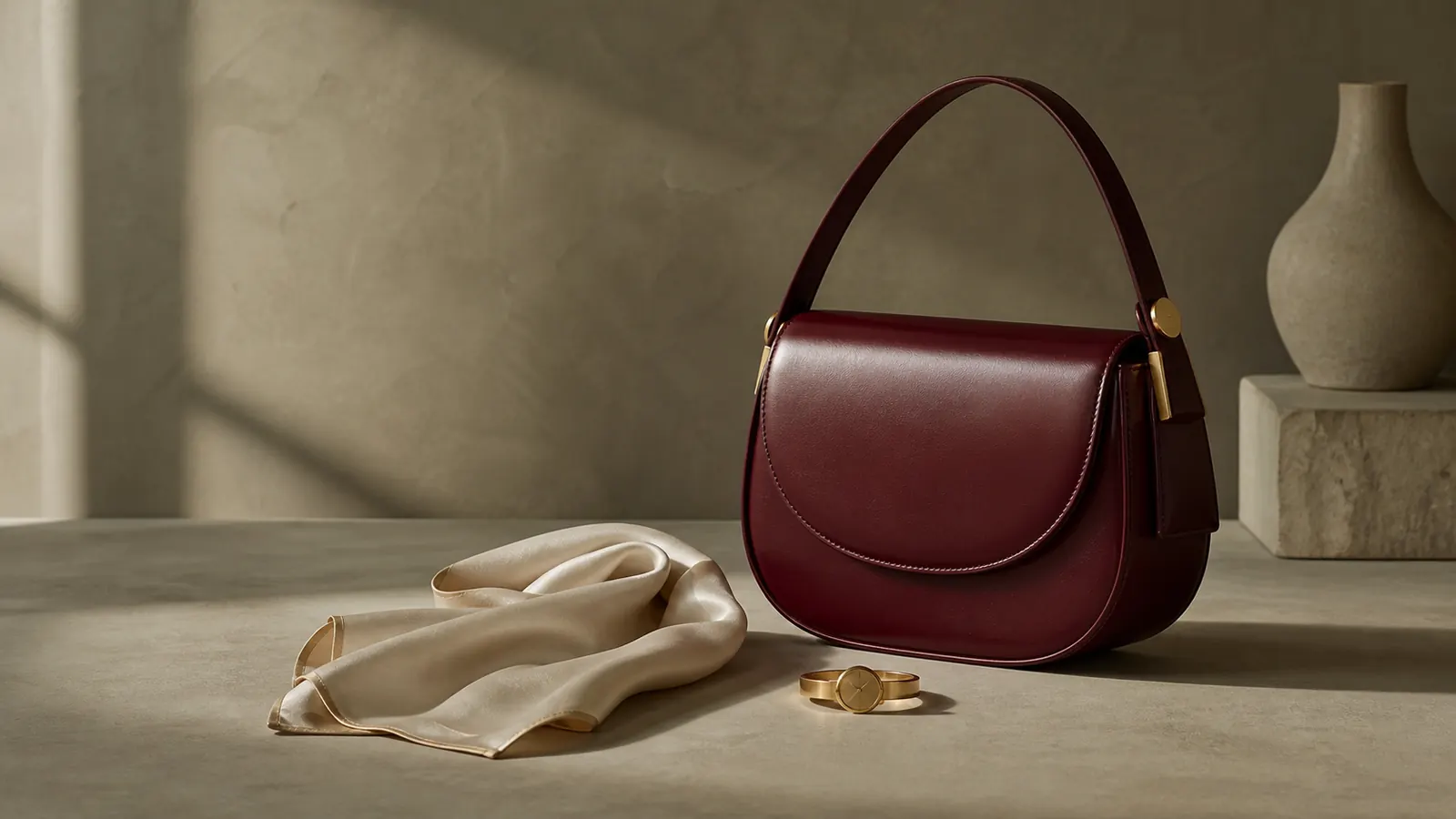 Oxblood leather bag, ivory silk and gold jewelry in a quiet studio